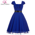 Grace Karin cuello cuadrado de cuello alto elástico de manga azul mangas retro vintage vestido CL008951-3